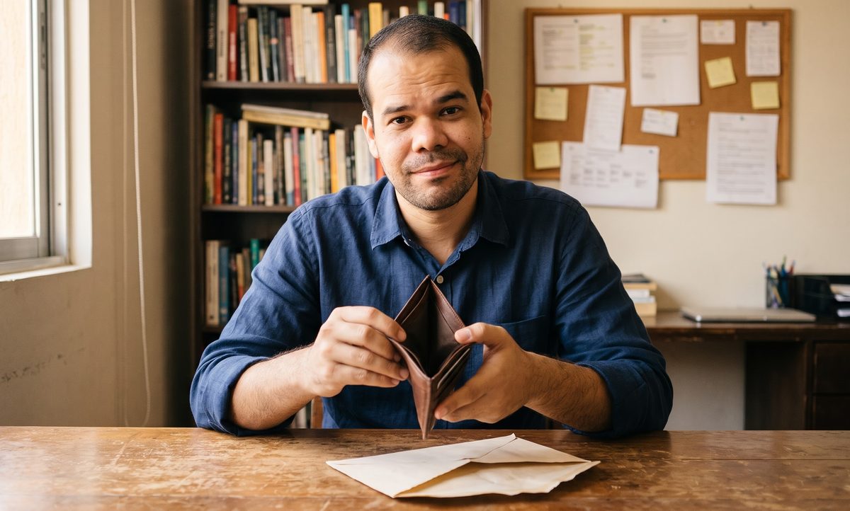 The Prof sitting at a desk, showing an empty wallet